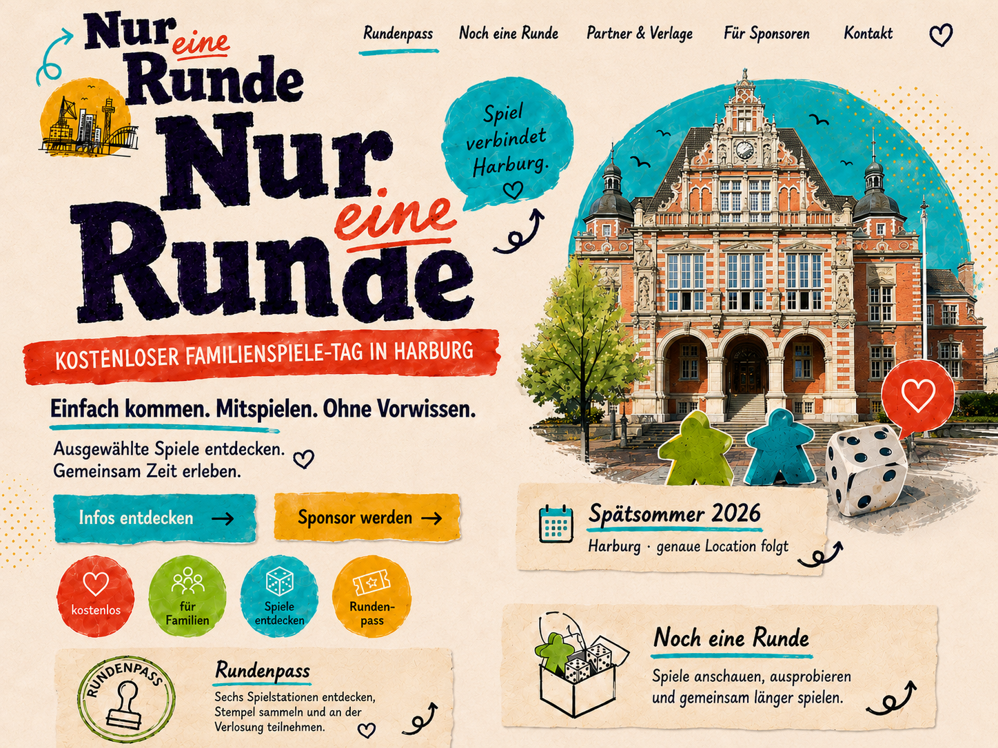 Nur eine Runde – kostenloser Familienspiele-Tag in Harburg. Einfach kommen. Mitspielen. Ohne Vorwissen. Spätsommer 2026 in Harburg. Rundenpass, Partner und Verlage sowie Noch eine Runde.